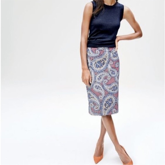 J. Crew No 2 Pencil Skirt in blue & pink Paisley Print Woman’s Size 10 - Picture 1 of 11